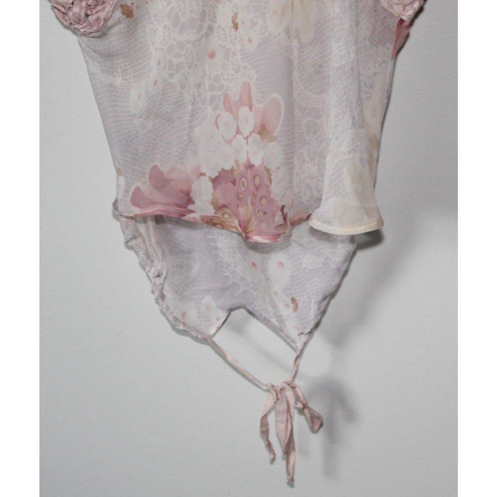 Emamo Silk Floral Sheer Tunic Blouse M Coquette Cottage Romantic Peasant Boho - Picture 4 of 16